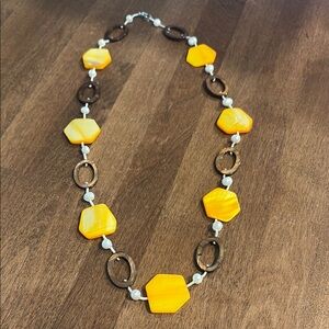 Premier Designs Yellow and Brown Necklace with Vintage Brass Links